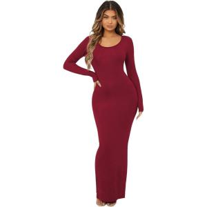 imageFloerns Womens Solid Long Sleeve Scoop Neck Bodycon Pencil Maxi DressBurgundy