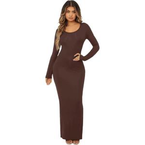 imageFloerns Womens Solid Long Sleeve Scoop Neck Bodycon Pencil Maxi DressCoffee Brown