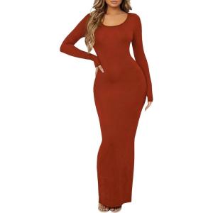 imageFloerns Womens Solid Long Sleeve Scoop Neck Bodycon Pencil Maxi DressDark Brown