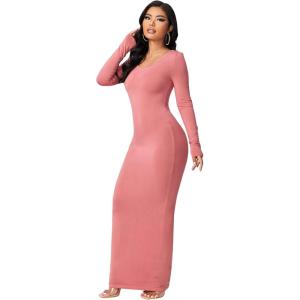 imageFloerns Womens Solid Long Sleeve Scoop Neck Bodycon Pencil Maxi DressDusty Pink