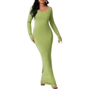imageFloerns Womens Solid Long Sleeve Scoop Neck Bodycon Pencil Maxi DressLight Green