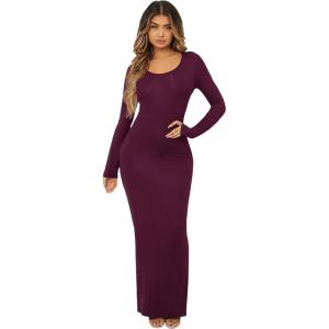 imageFloerns Womens Solid Long Sleeve Scoop Neck Bodycon Pencil Maxi DressMaroon