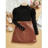 imageFloerns Girls 2 Piece Outfit Ruffle Trim Long Sleeve T Shirt and Short Skirt SetBlack Brown Leather