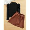 imageFloerns Girls 2 Piece Outfit Ruffle Trim Long Sleeve T Shirt and Short Skirt SetBlack Brown Leather