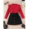 imageFloerns Girls 2 Piece Outfit Ruffle Trim Long Sleeve T Shirt and Short Skirt SetBlack Ink Red