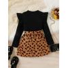 imageFloerns Girls 2 Piece Outfit Ruffle Trim Long Sleeve T Shirt and Short Skirt SetBlack Leopard