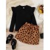 imageFloerns Girls 2 Piece Outfit Ruffle Trim Long Sleeve T Shirt and Short Skirt SetBlack Leopard
