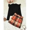 imageFloerns Girls 2 Piece Outfit Ruffle Trim Long Sleeve T Shirt and Short Skirt SetBlack Orange Multi