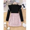 imageFloerns Girls 2 Piece Outfit Ruffle Trim Long Sleeve T Shirt and Short Skirt SetBlack and Pink Plaid