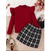 imageFloerns Girls 2 Piece Outfit Ruffle Trim Long Sleeve T Shirt and Short Skirt SetBurgundy Black Plaid