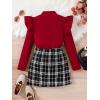 imageFloerns Girls 2 Piece Outfit Ruffle Trim Long Sleeve T Shirt and Short Skirt SetBurgundy Black Plaid