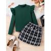 imageFloerns Girls 2 Piece Outfit Ruffle Trim Long Sleeve T Shirt and Short Skirt SetDark Green Black