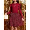 imageFloerns Girls 2 Piece Outfit Ruffle Trim Long Sleeve T Shirt and Short Skirt SetHot Red