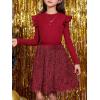 imageFloerns Girls 2 Piece Outfit Ruffle Trim Long Sleeve T Shirt and Short Skirt SetHot Red