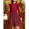 imageFloerns Girls 2 Piece Outfit Ruffle Trim Long Sleeve T Shirt and Short Skirt SetHot Red
