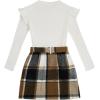 imageFloerns Girls 2 Piece Outfit Ruffle Trim Long Sleeve T Shirt and Short Skirt SetWhite Brown Plaid