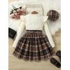 imageFloerns Girls 2 Piece Outfit Ruffle Trim Long Sleeve T Shirt and Short Skirt SetWhite Brown With Hat