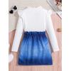imageFloerns Girls 2 Piece Outfit Ruffle Trim Long Sleeve T Shirt and Short Skirt SetWhite Denim Blue