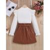 imageFloerns Girls 2 Piece Outfit Ruffle Trim Long Sleeve T Shirt and Short Skirt SetWhite and Brown