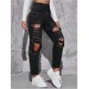 imageFloerns Womens High Waist Boyfriend Straight Leg Ripped Jeans Distressed Denim Pants GreyBlack Solid