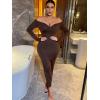 imageFloerns Womens Off Shoulder Long Sleeve Wrap Party Club Bodycon Long DressChocolate Brown
