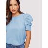 imageFloerns Womens Round Neck Short Puff Sleeve Keyhole Back Blouse TopsLight Blue