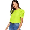 imageFloerns Womens Round Neck Short Puff Sleeve Keyhole Back Blouse TopsNeon Green a