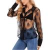 imageFloerns Womens Sheer Lace Button Down Long Sleeve Floral Blouse Shirt TopsBlack