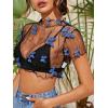 imageFloerns Womens Sheer See Through Mock Neck Star Pattern Mesh Blouse Tops without BraBlack Blue Multi