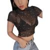 imageFloerns Womens Sheer See Through Mock Neck Star Pattern Mesh Blouse Tops without BraBlack Galaxy