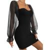 imageFloerns Womens Sweetheart Neck Mesh Sheer Ruffle Long Sleeve Bodycon Mini DressBlack