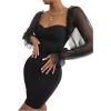 imageFloerns Womens Sweetheart Neck Mesh Sheer Ruffle Long Sleeve Bodycon Mini DressBlack