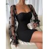 imageFloerns Womens Sweetheart Neck Mesh Sheer Ruffle Long Sleeve Bodycon Mini DressBlack Rose Black