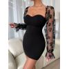 imageFloerns Womens Sweetheart Neck Mesh Sheer Ruffle Long Sleeve Bodycon Mini DressBlack Rose Black