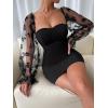 imageFloerns Womens Sweetheart Neck Mesh Sheer Ruffle Long Sleeve Bodycon Mini DressBlack Rose Black