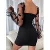 imageFloerns Womens Sweetheart Neck Mesh Sheer Ruffle Long Sleeve Bodycon Mini DressBlack Rose Black