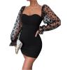 imageFloerns Womens Sweetheart Neck Mesh Sheer Ruffle Long Sleeve Bodycon Mini DressBlack Solid