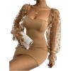 imageFloerns Womens Sweetheart Neck Mesh Sheer Ruffle Long Sleeve Bodycon Mini DressCamel
