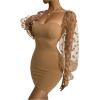 imageFloerns Womens Sweetheart Neck Mesh Sheer Ruffle Long Sleeve Bodycon Mini DressCamel
