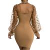 imageFloerns Womens Sweetheart Neck Mesh Sheer Ruffle Long Sleeve Bodycon Mini DressCamel