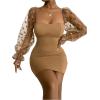 imageFloerns Womens Sweetheart Neck Mesh Sheer Ruffle Long Sleeve Bodycon Mini DressCamel
