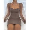 imageFloerns Womens Sweetheart Neck Mesh Sheer Ruffle Long Sleeve Bodycon Mini DressMocha Brown