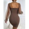 imageFloerns Womens Sweetheart Neck Mesh Sheer Ruffle Long Sleeve Bodycon Mini DressMocha Brown