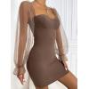 imageFloerns Womens Sweetheart Neck Mesh Sheer Ruffle Long Sleeve Bodycon Mini DressMocha Brown