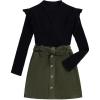 imageFloerns Girls 2 Piece Outfit Ruffle Trim Long Sleeve T Shirt and Short Skirt SetBlack and Green