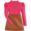imageFloerns Girls 2 Piece Outfit Ruffle Trim Long Sleeve T Shirt and Short Skirt SetHot Pink Brown