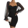 imageFloerns Womens Sweetheart Neck Mesh Sheer Ruffle Long Sleeve Bodycon Mini DressBlack
