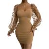 imageFloerns Womens Sweetheart Neck Mesh Sheer Ruffle Long Sleeve Bodycon Mini DressCamel