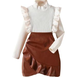 imageFloerns Girls 2 Piece Outfit Ruffle Trim Long Sleeve T Shirt and Short Skirt SetBeige and Brown