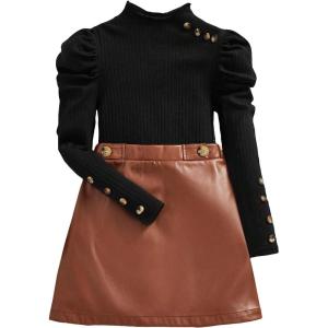 imageFloerns Girls 2 Piece Outfit Ruffle Trim Long Sleeve T Shirt and Short Skirt SetBlack Brown Leather